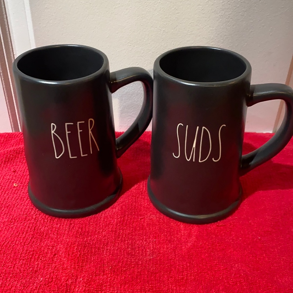 Two tall mugs w/ “Beer” and “Suds” text